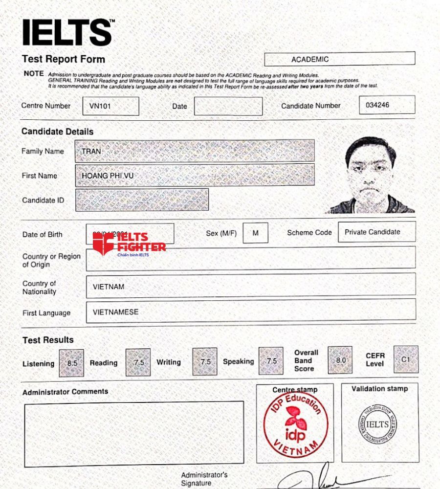 Bảng điểm Trần Hoàng Vũ  8.0 IELTS