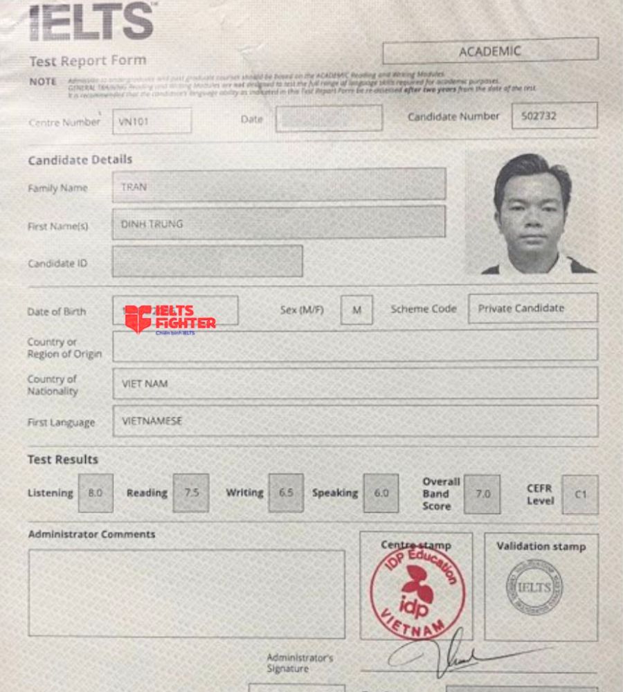 Bảng điểm Trần Đình Trung  7.0 IELTS