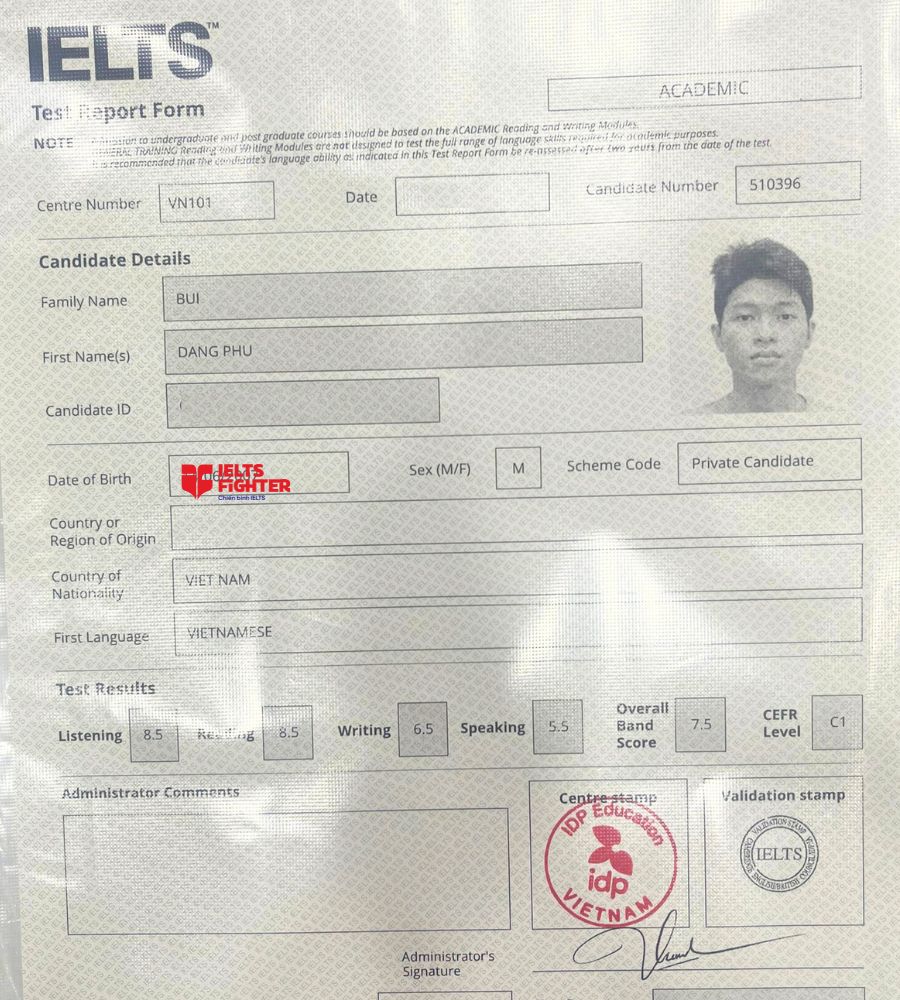 Chứng chỉ Bùi Đăng Phú 7.5 IELTS