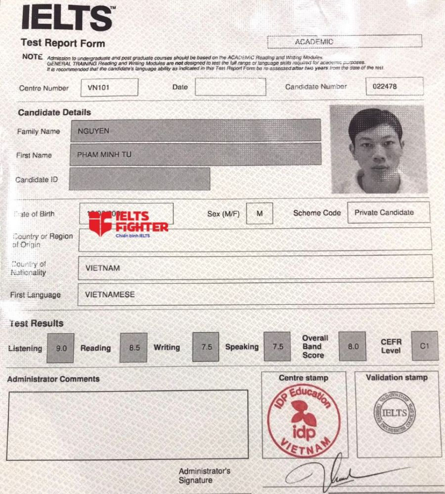 Bảng điểm Minh Tú 8.0 IELTS