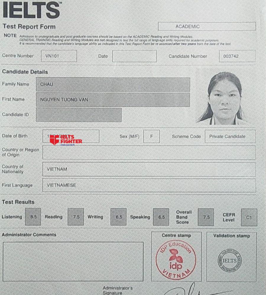 Bảng điểm Châu Nguyễn Tường Vân 7.0 IELTS