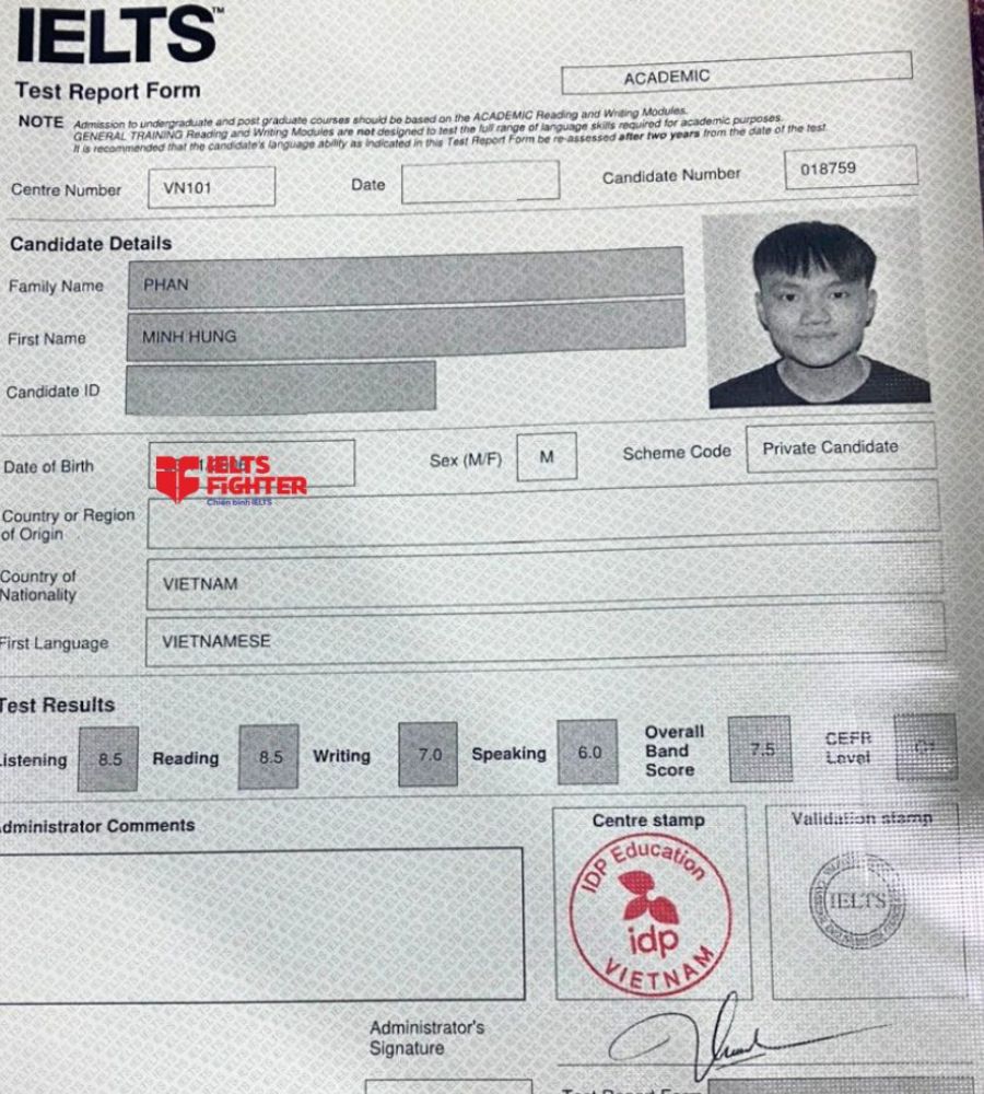 bảng điểm Phan Minh Hưng 7.5 IELTS