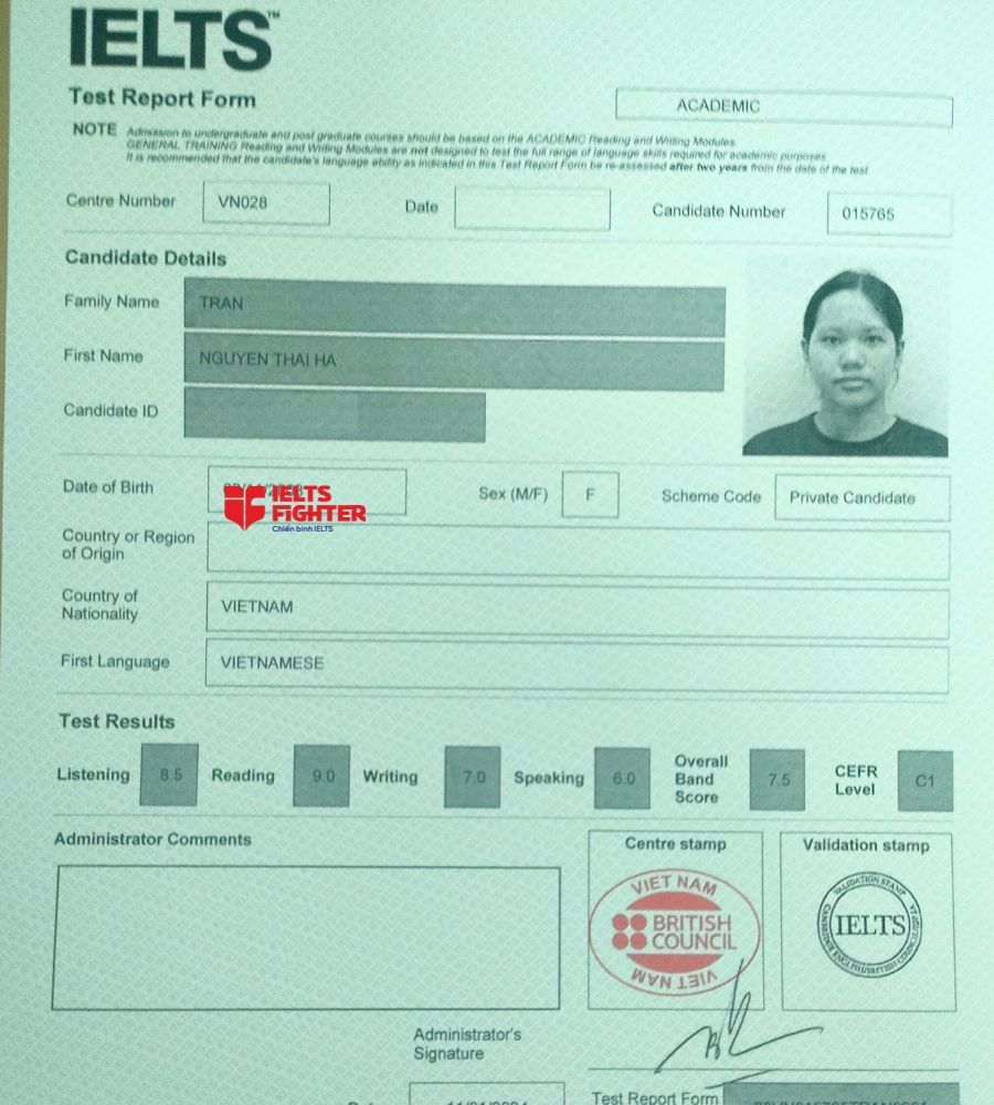 Bảng điểm Trần Nguyễn Thái Hà 7.5 IELTS