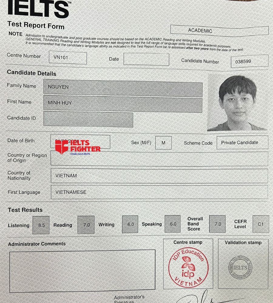 bảng điểm Nguyễn Minh Huy 7.0 IELTS
