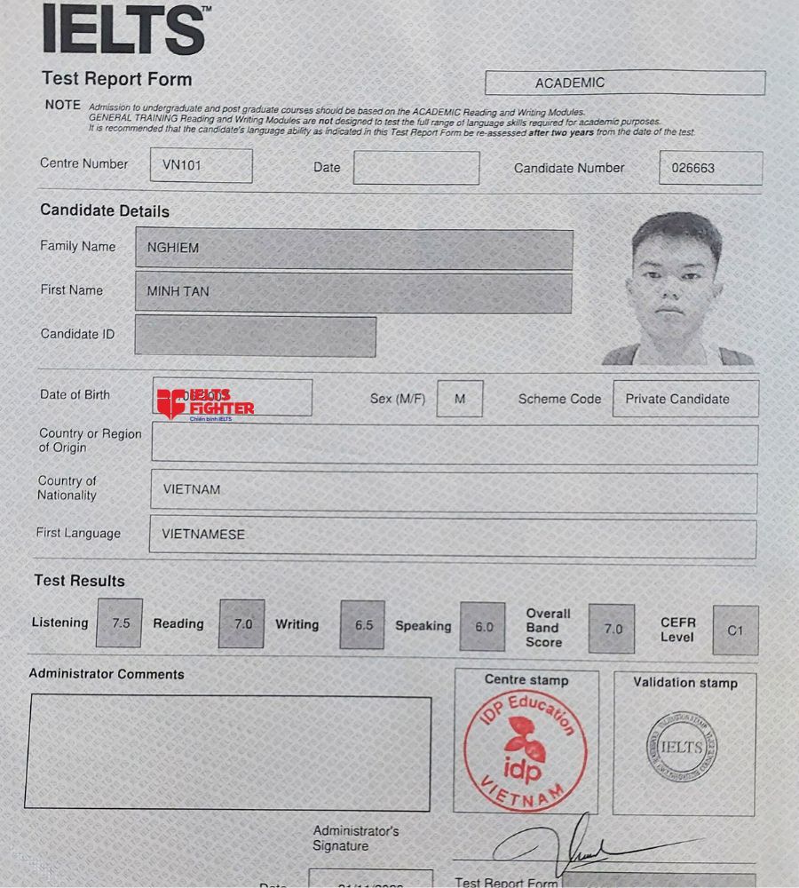 Chứng chỉ Nghiêm Minh Tân 7.0 IELTS