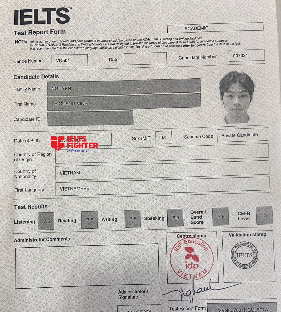 bảng điểm Quang Vinh 7.5 IELTS