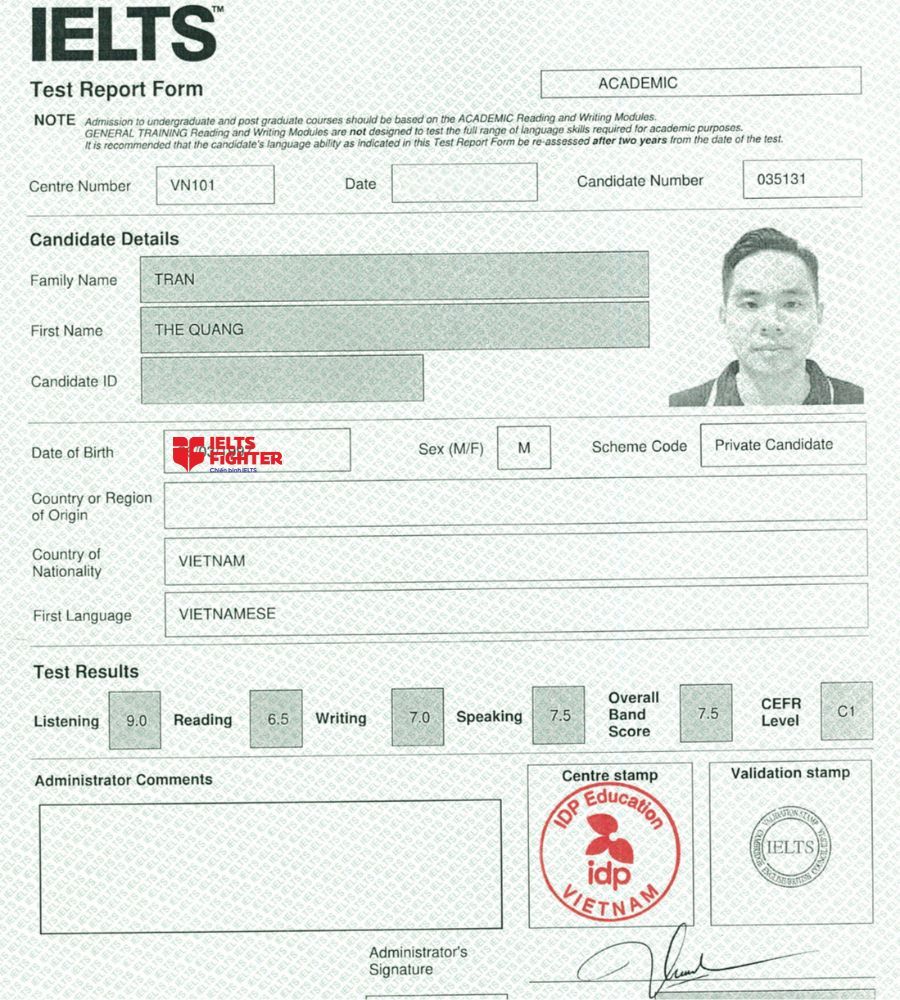 Chứng chỉ Trần Thế Quang 7.5 IELTS