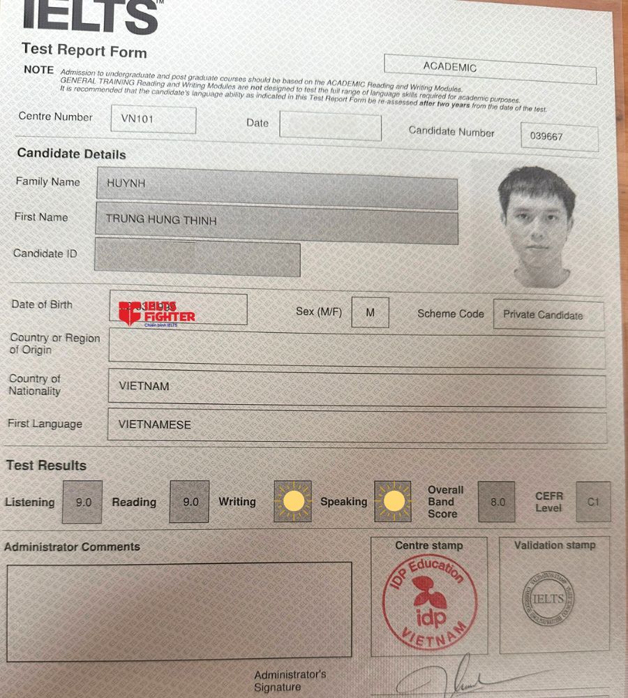 Chứng chỉ Huỳnh Trung Hưng Thịnh  8.0 IELTS
