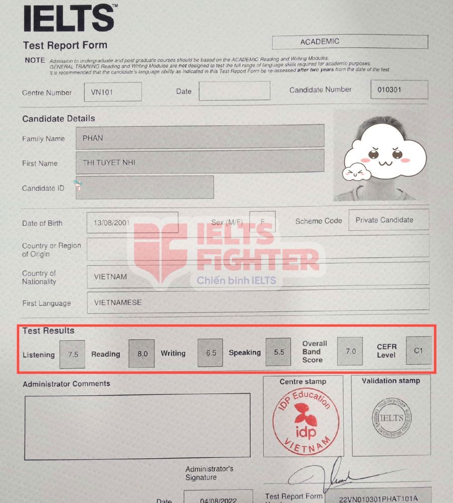 Chứng chỉ Tuyết Nhi 7.0 IELTS