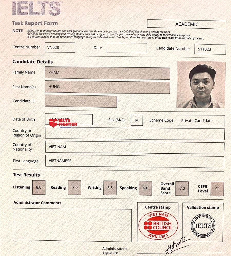 Chứng chỉ Phạm Hưng 7.0 IELTS