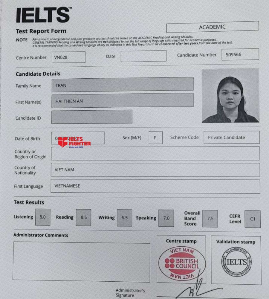 Chứng chỉ Trần Hải Thiên Ân 7.5 IELTS
