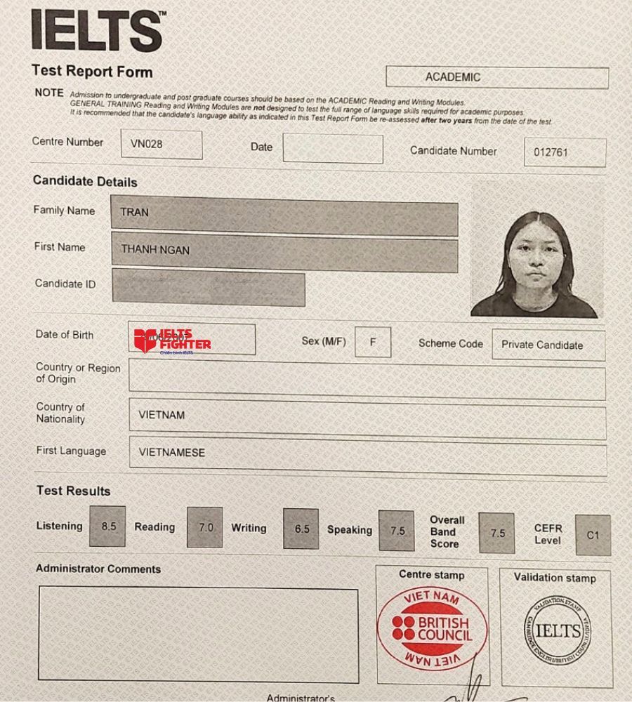 Chứng chỉ Trần Thanh Ngân 7.5 IELTS