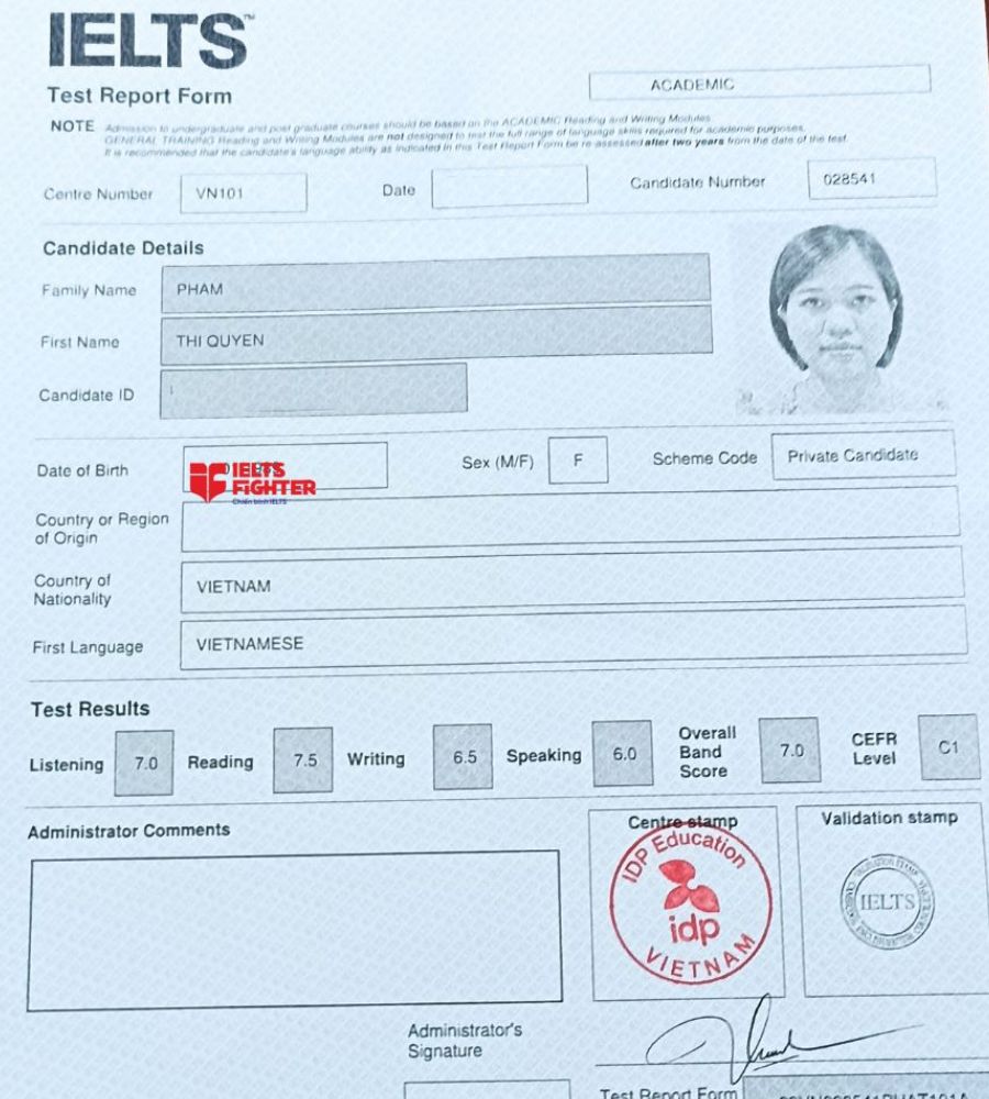 Chứng chỉ Phạm Thị Quyên 7.0 IELTS