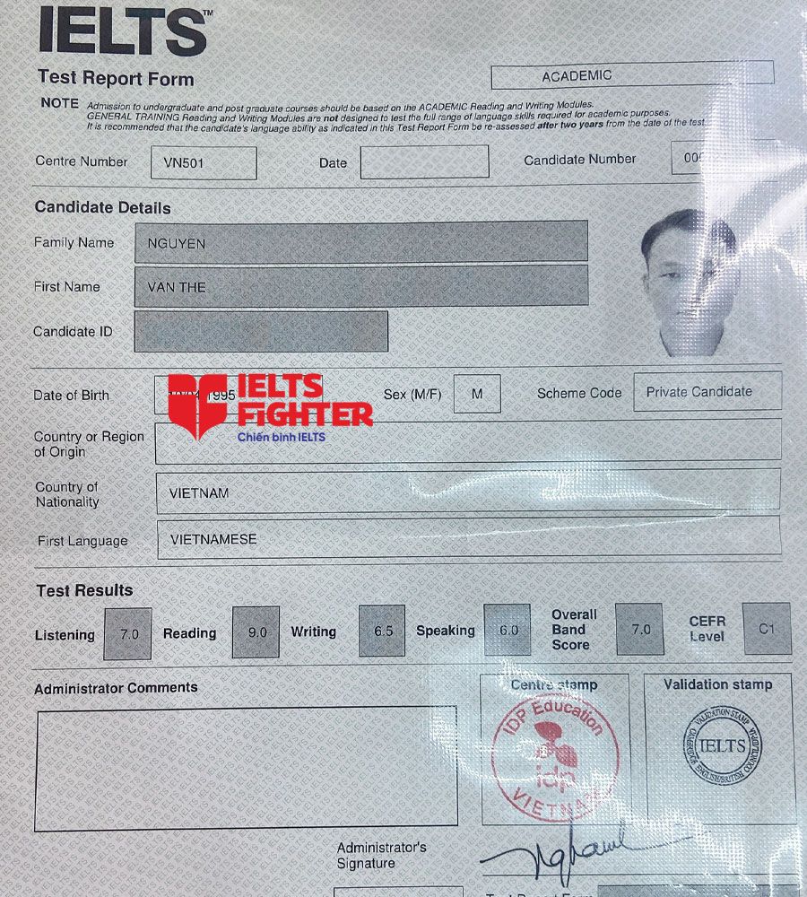 bảng điểm văn thế 7.0 IELTS