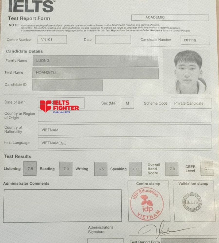 bảng điểm Lương Hoàng Tú, 7.0 IELTS 