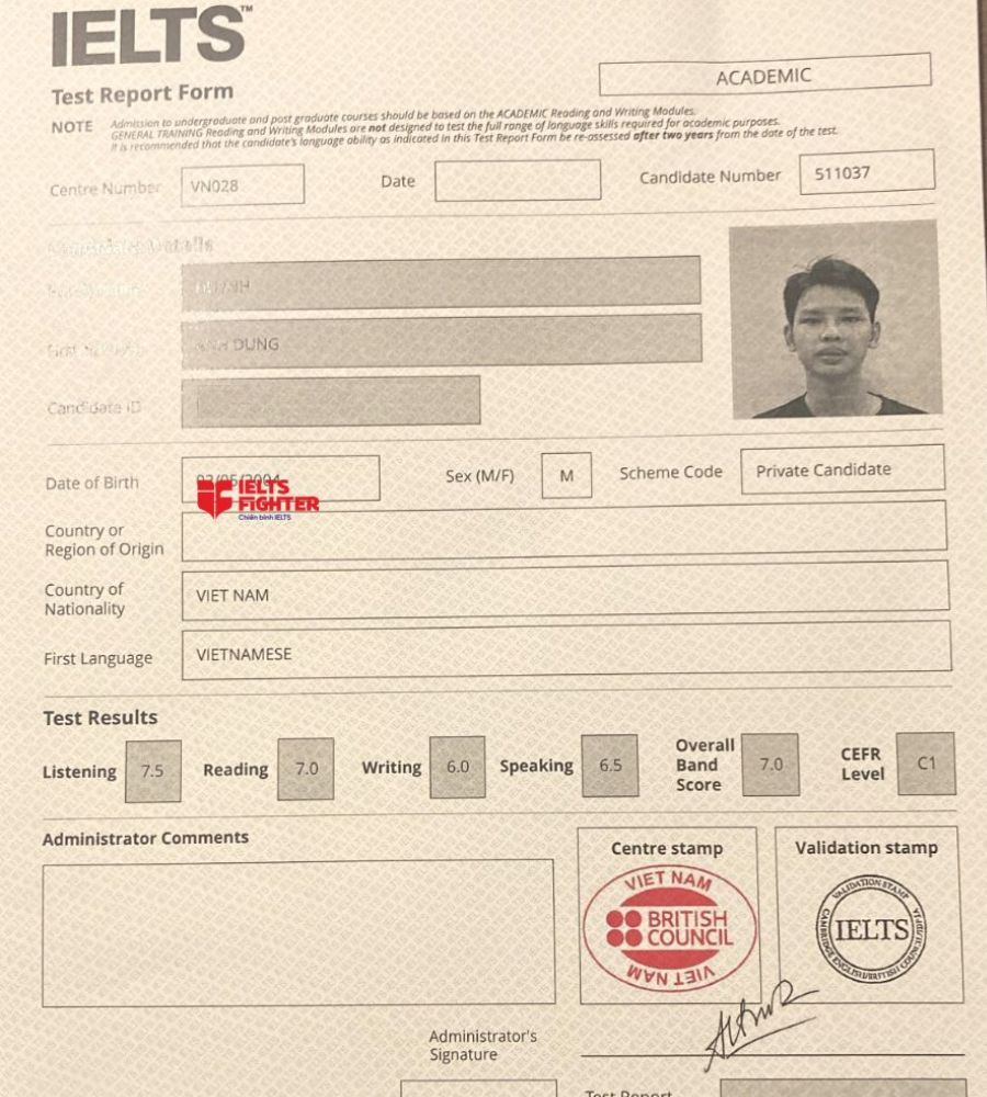 Chứng chỉ Huỳnh Anh Dũng 7.0 IELTS