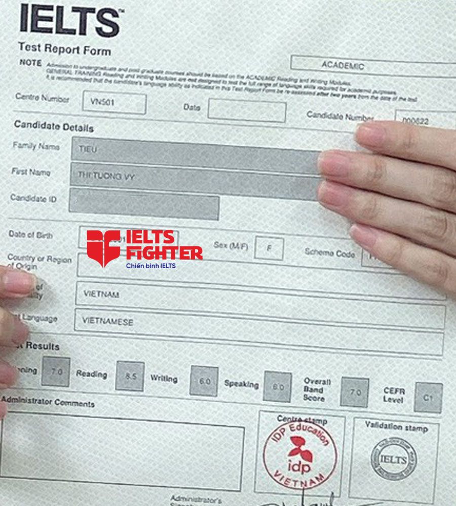 bảng điểm tường vy 7.0 IELTS