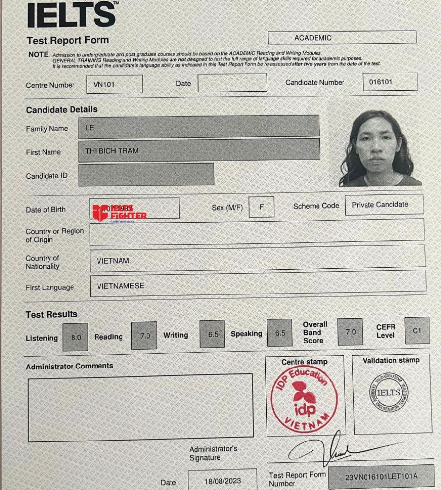 Chứng chỉ Lê Thị Bích Trâm 7.0 IELTS