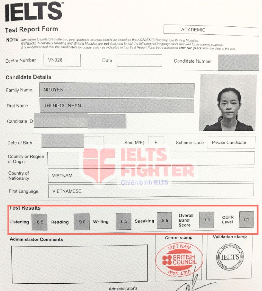 Chứng chỉ Nguyễn Thị Ngọc Nhân 7.0 IELTS