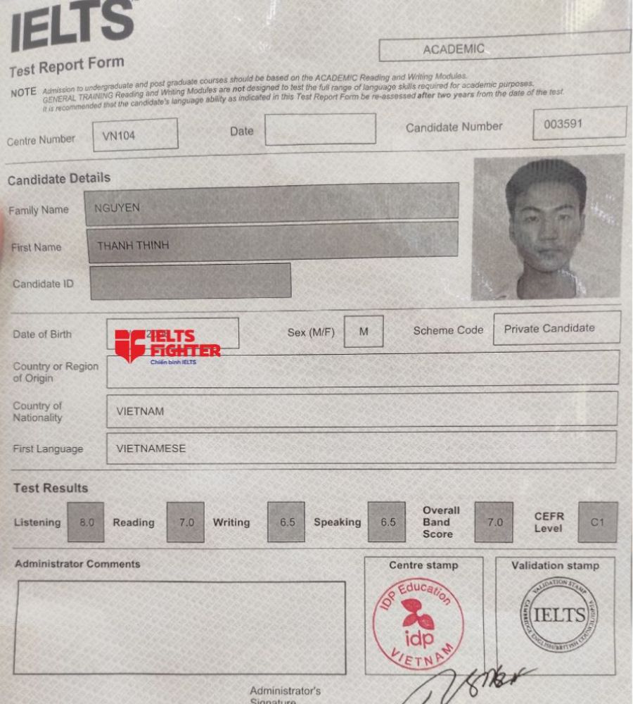 bảng điểm Nguyễn Thanh Thịnh 7.0 IELTS