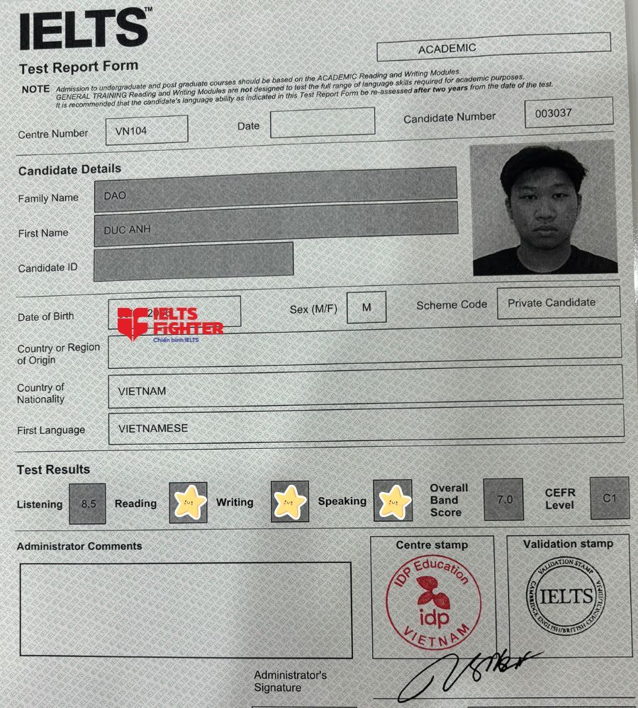 bảng điểm Đào Đức Anh 7.0 IELTS