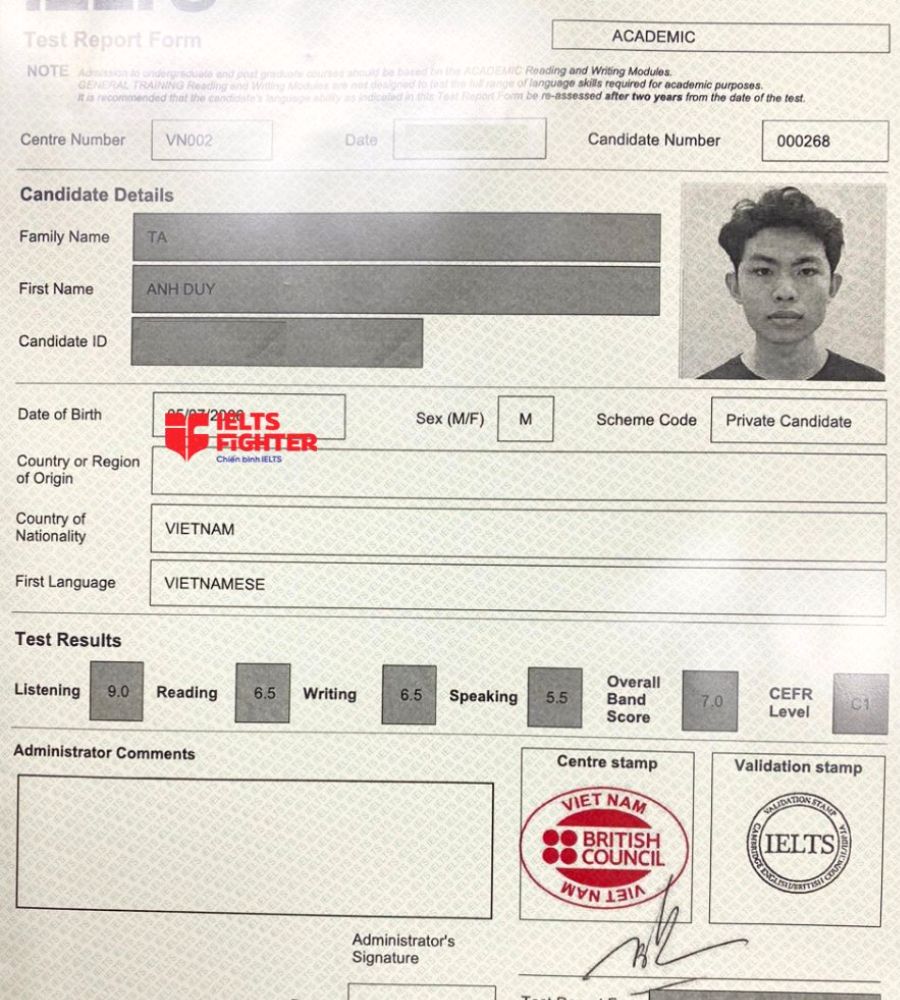 Bảng điểm Tạ Anh Duy 7.5 IELTS