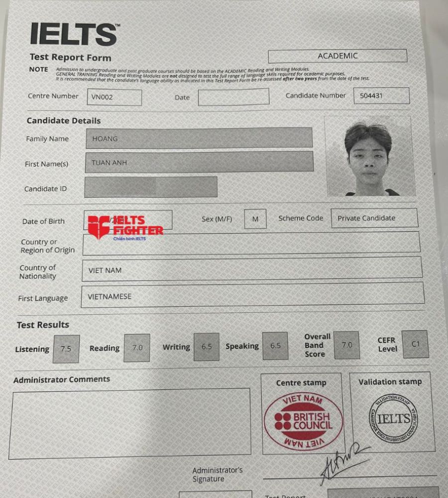 bảng điểm Phan Quang Minh 7.0 IELTS