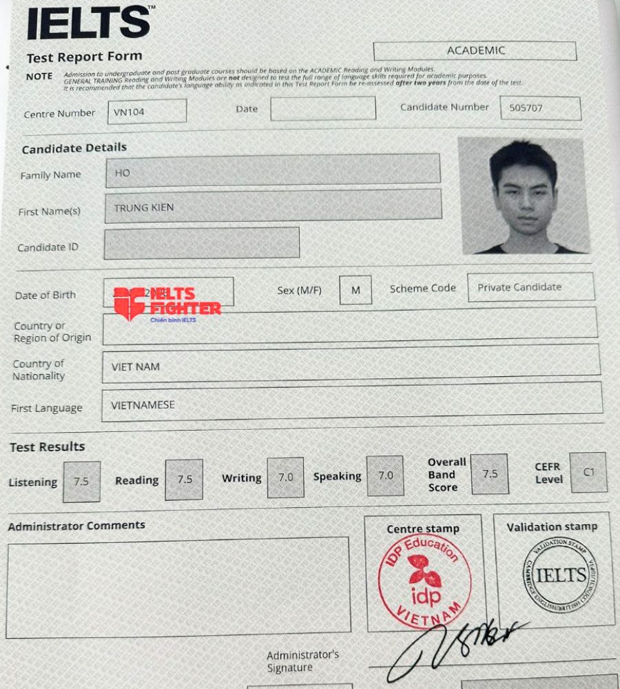 bảng điểm Hồ Trung Kiên 7.5 IELTS