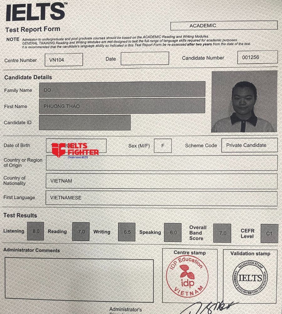 bảng điểm Đỗ Phương Thảo 7.0 IELTS