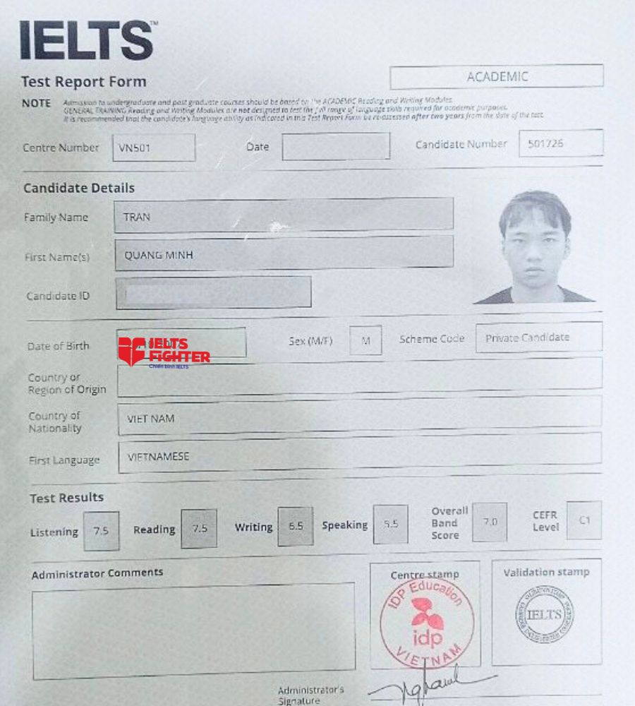 Chứng chỉ Trần Quang Minh 7.0 IELTS
