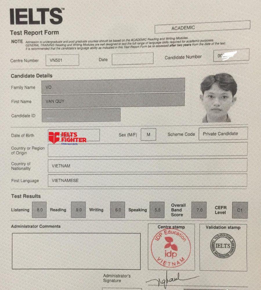 Chứng chỉ Võ Văn Quý 7.0 IELTS