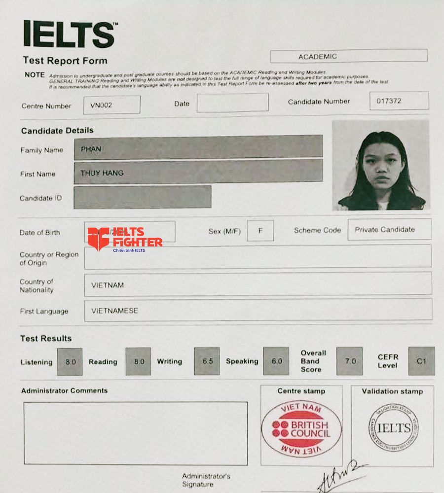 bảng điểm Thúy Hằng 7.0 IELTS