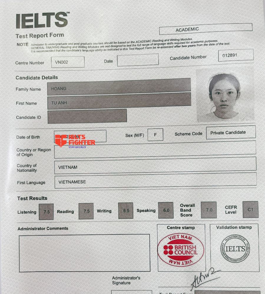 bảng điểm Tú Anh - học viên Hà Tĩnh 7.0 IELTS