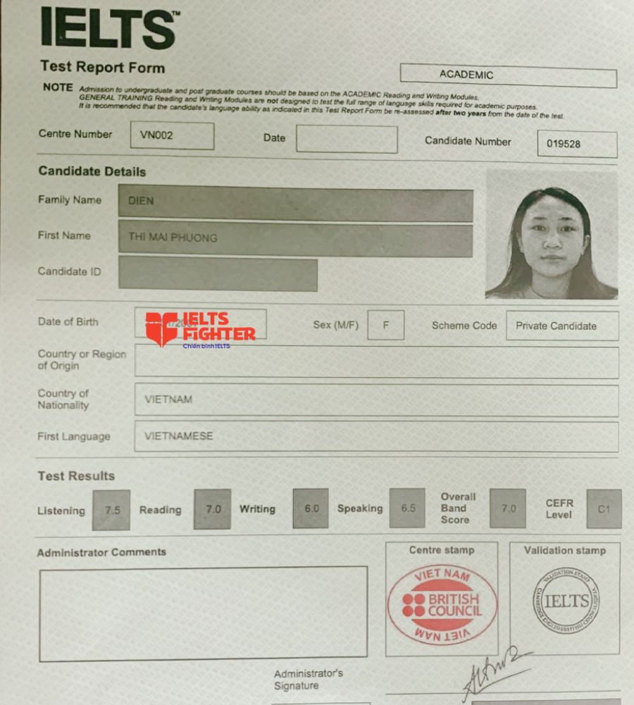 bảng điểm Mai phương 7.0 IELTS