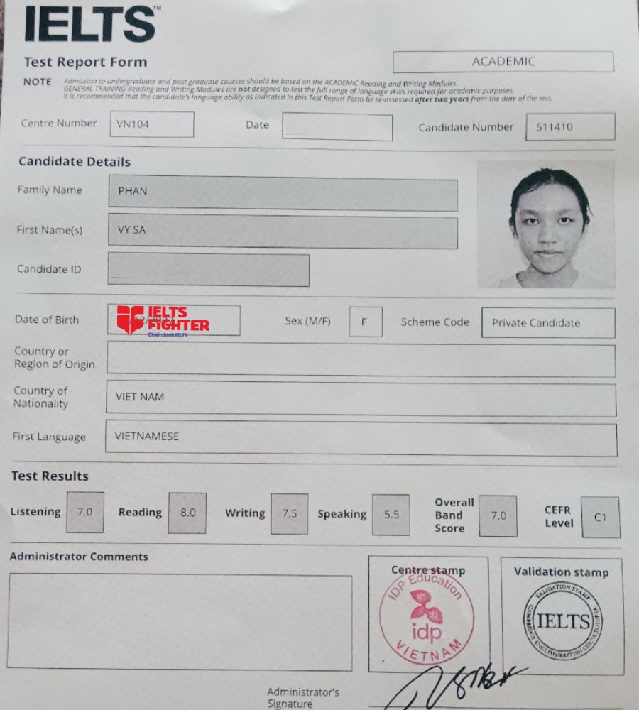 Chứng chỉ Phan Vy Sa  7.0 IELTS