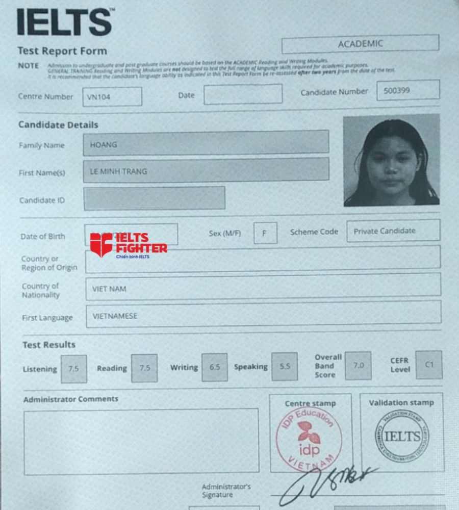 bảng điểm Hoàng Lê Minh Trang 7.0 IELTS