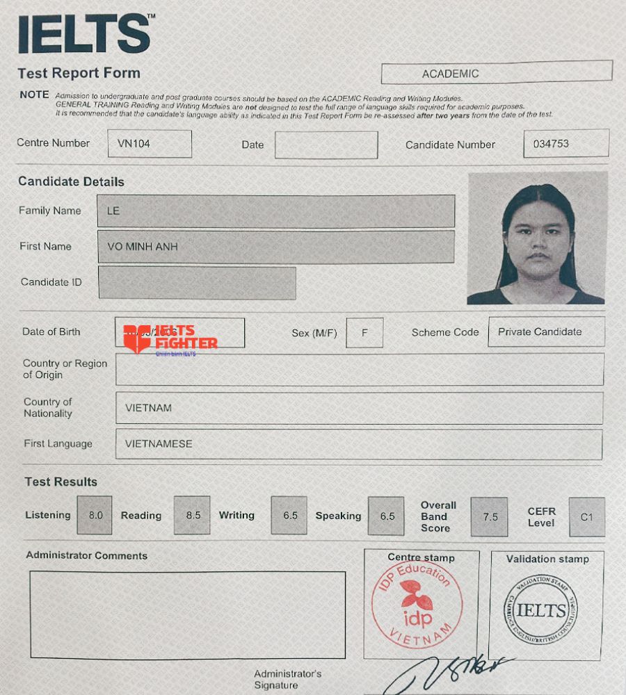 bảng điểm Minh Anh - học viên Hà Tĩnh 7.5 IELTS