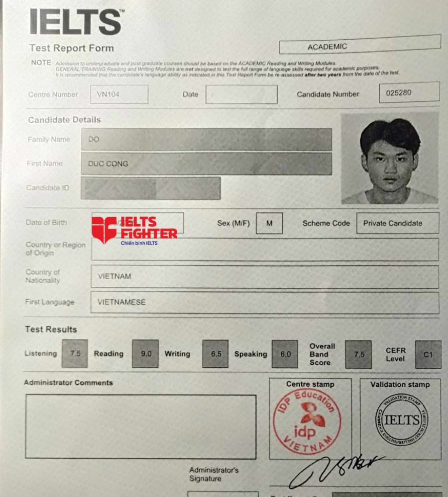 bảng điểm Đức Công 7.5 IELTS
