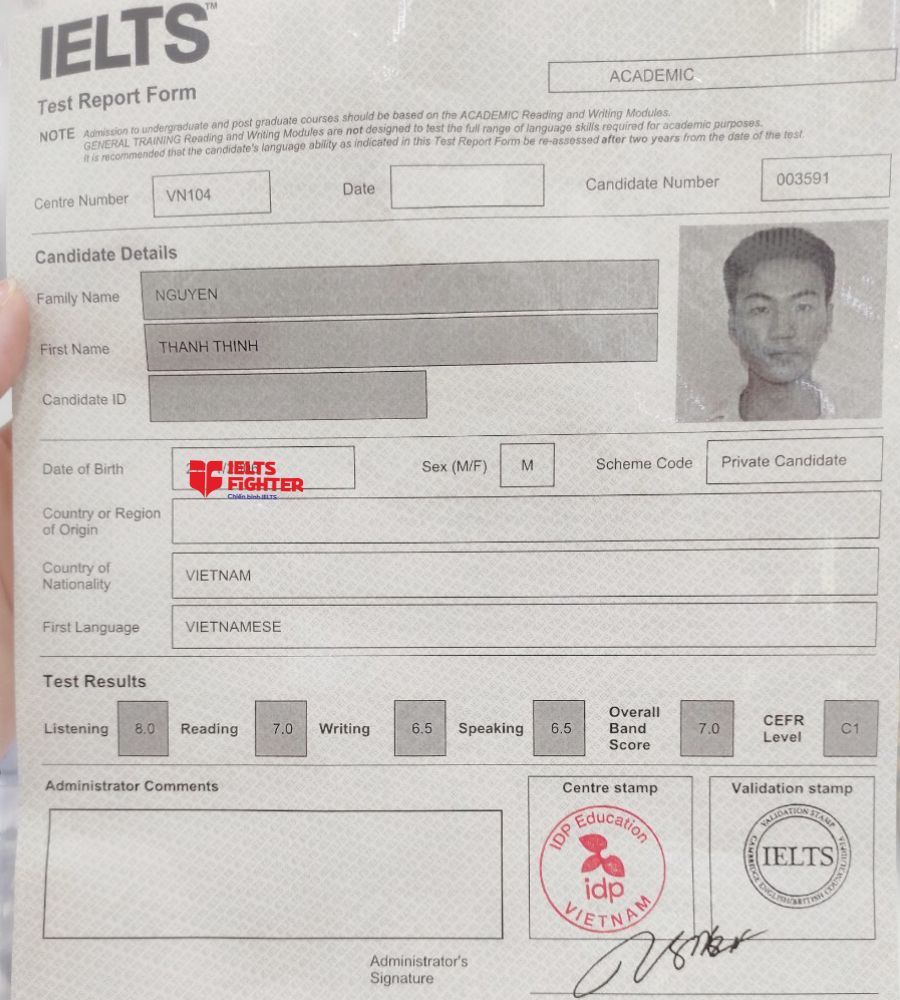 Chứng chỉ Nguyễn Thanh Thịnh  7.0 IELTS