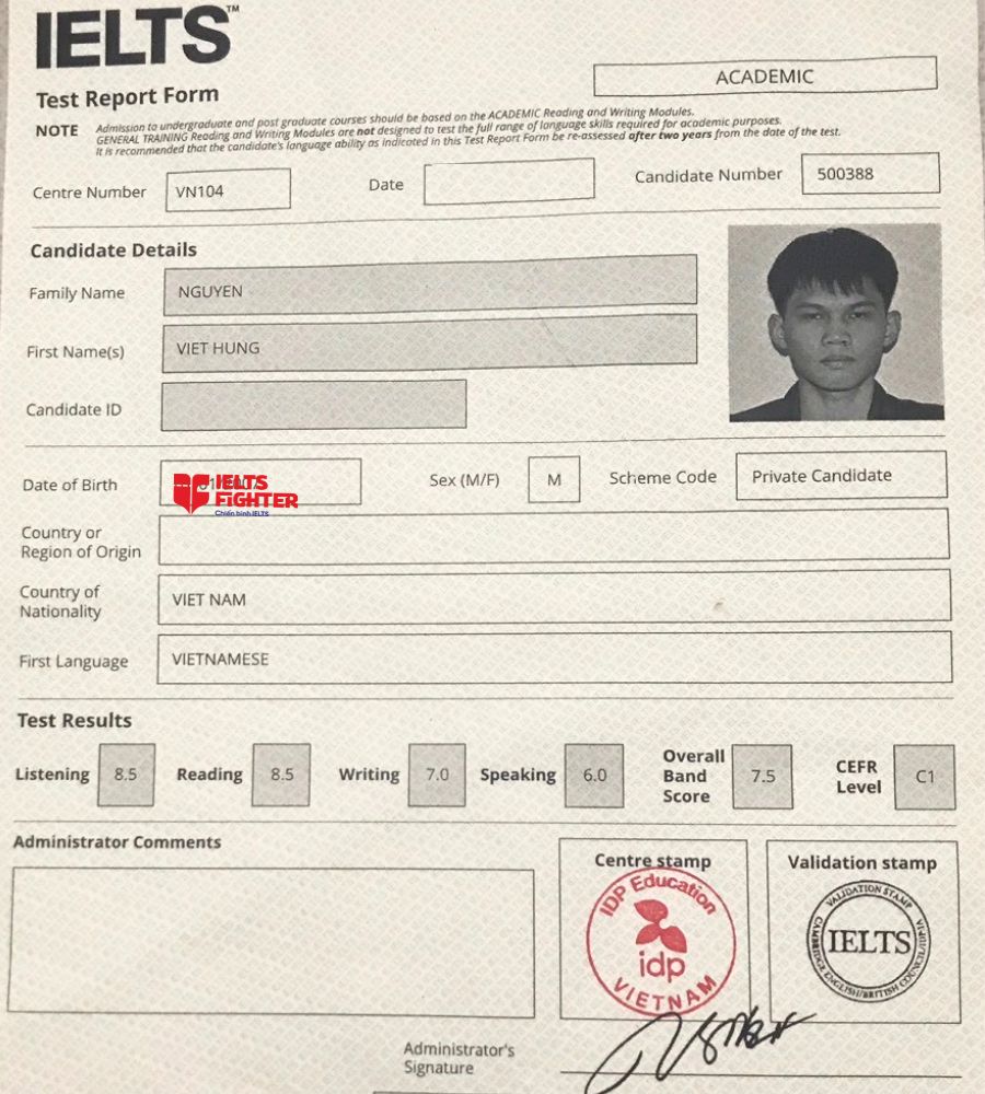 Chứng chỉ Nguyễn Viết Hưng  7.5 IELTS