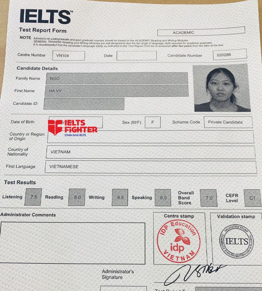 bảng điểm Hà Vy 7.0 IELTS