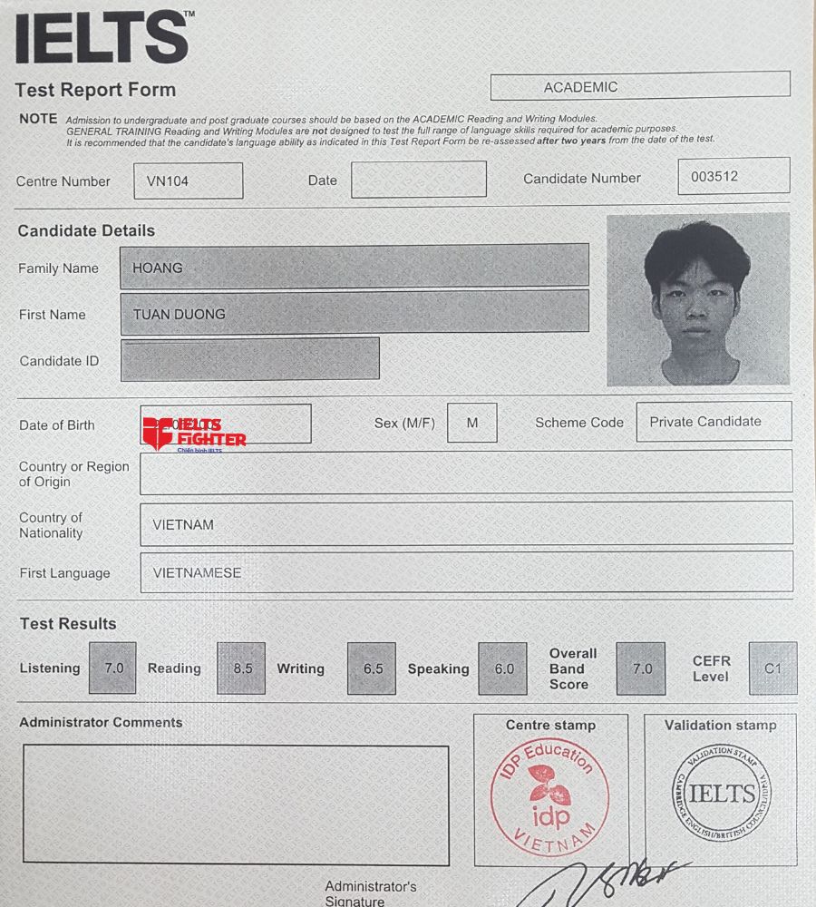Chứng chỉ Hoàng Tuấn Dương 7.0 IELTS