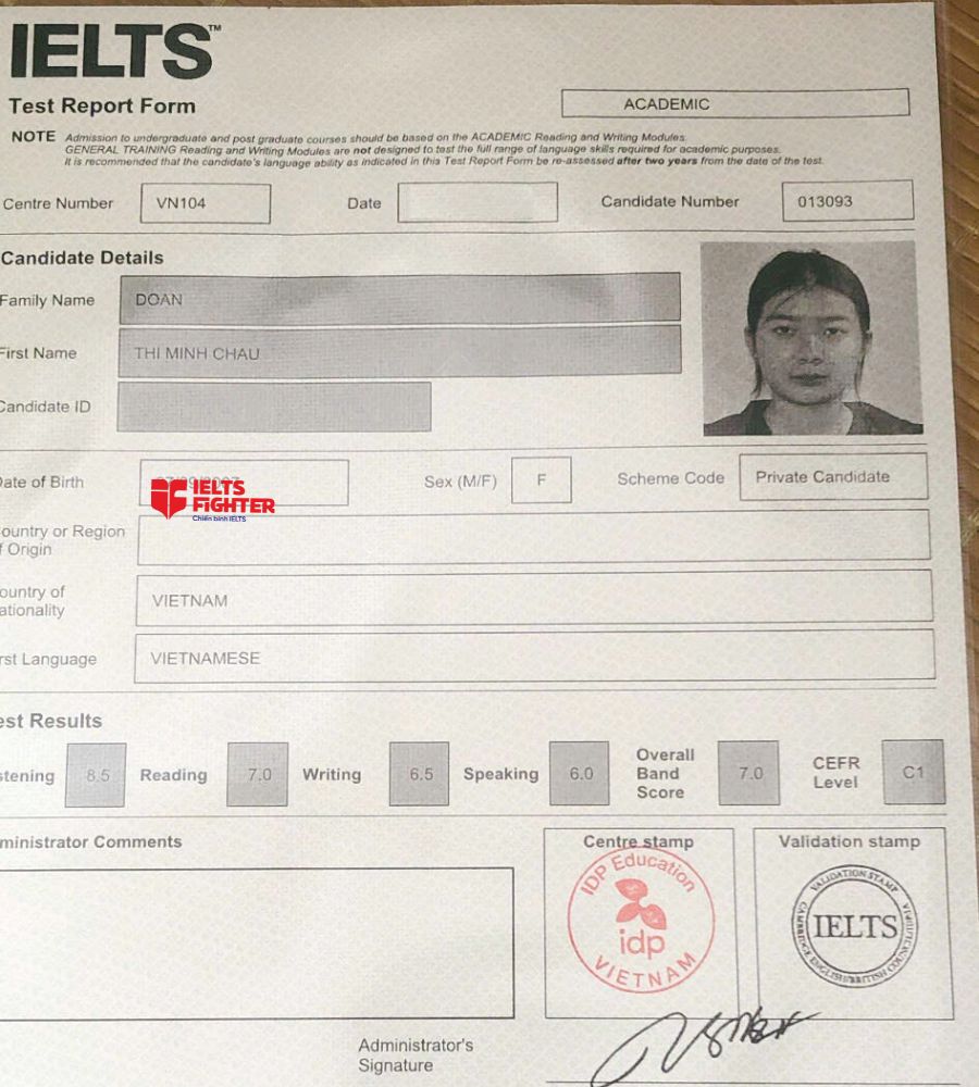 Chứng chỉ Đoàn Thị Minh Châu 7.0 IELTS