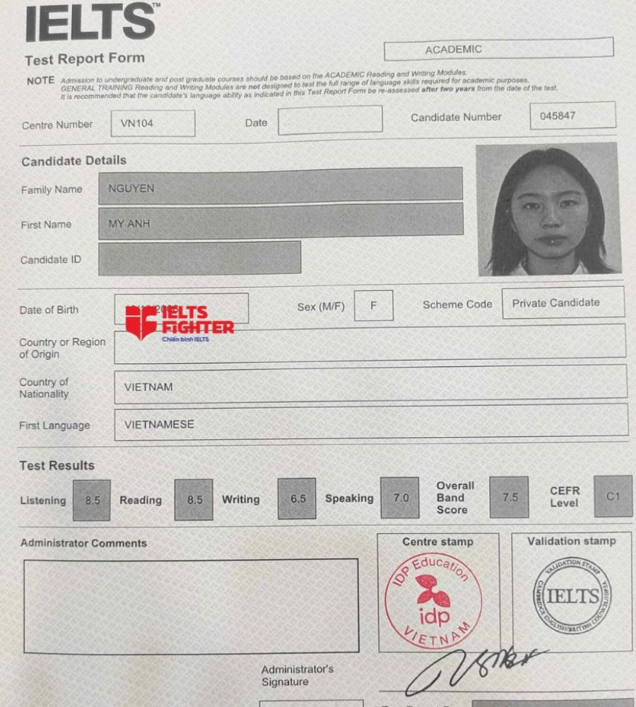 bảng điểm Mỹ Anh 7.0 IELTS