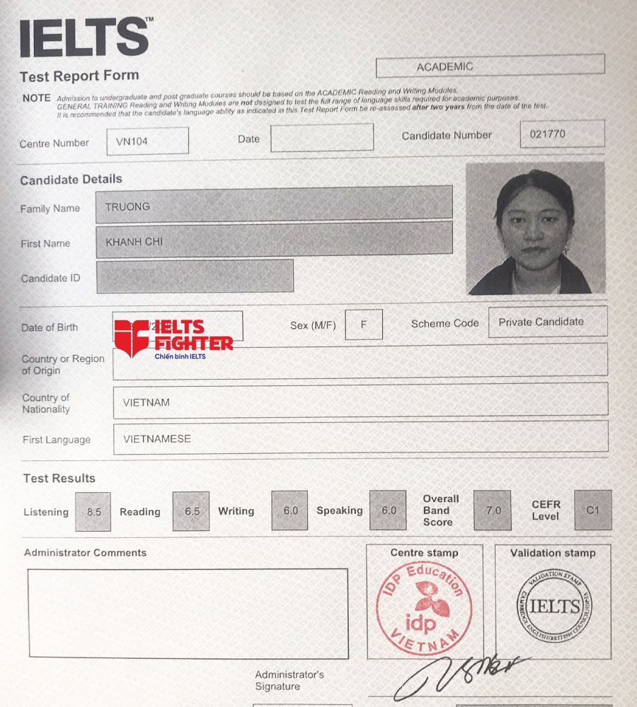 bảng điểm Khánh Chi 7.0 IELTS