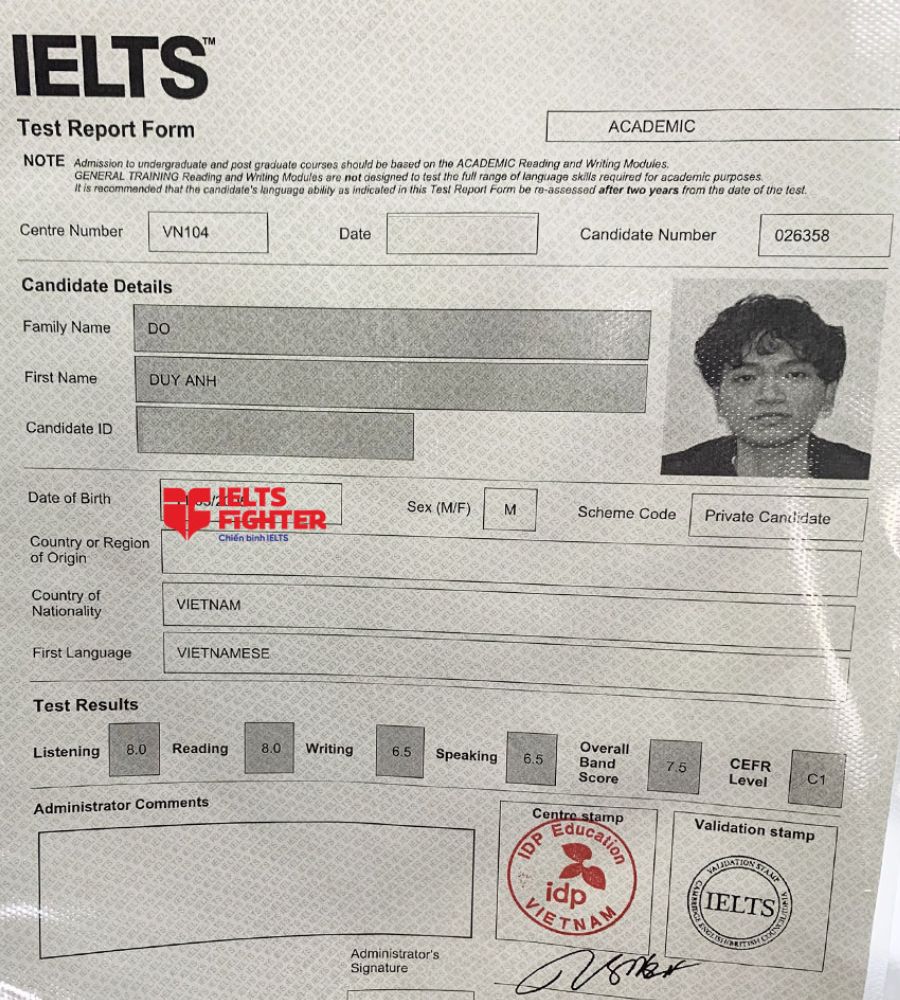 bảng điểm Duy anh 7.0 IELTS