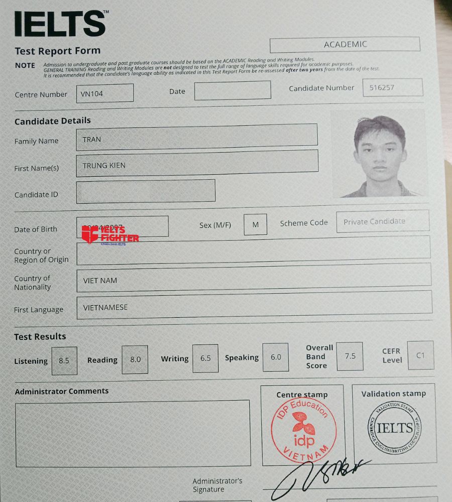Chứng chỉ Trần Trung Kiên  7.5 IELTS