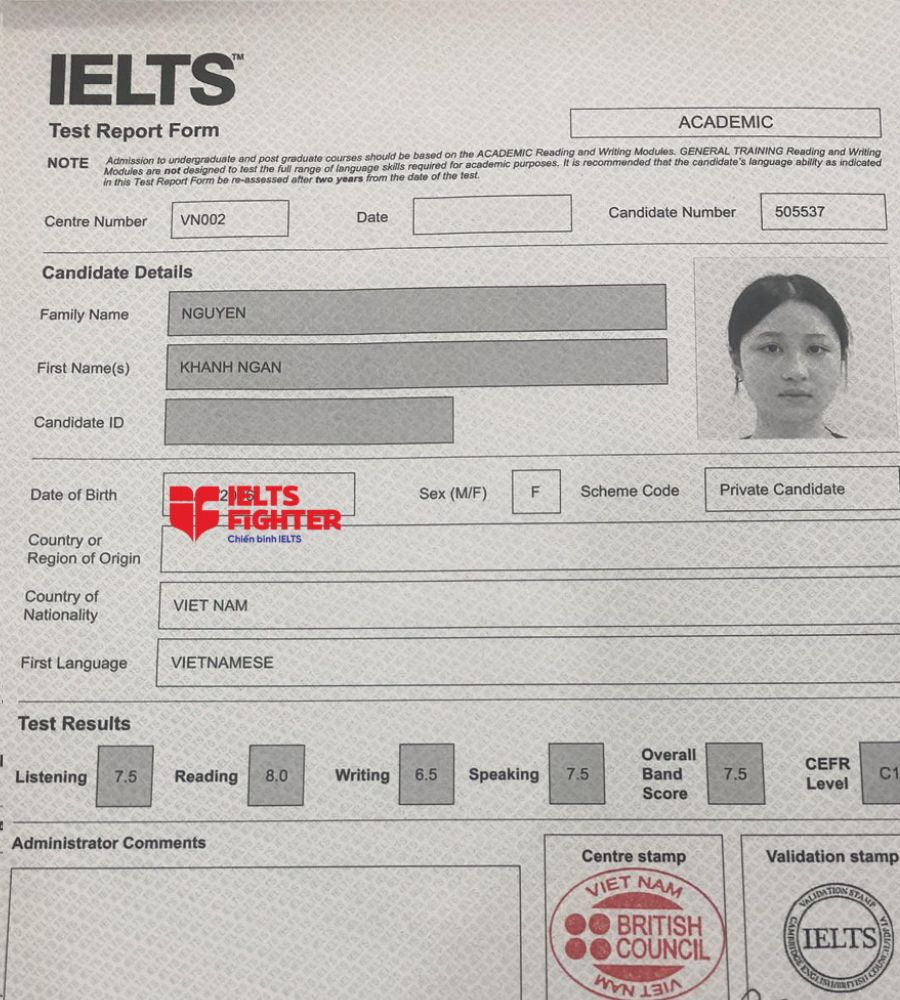bảng điểm Khánh Ngân 7.5 IELTS