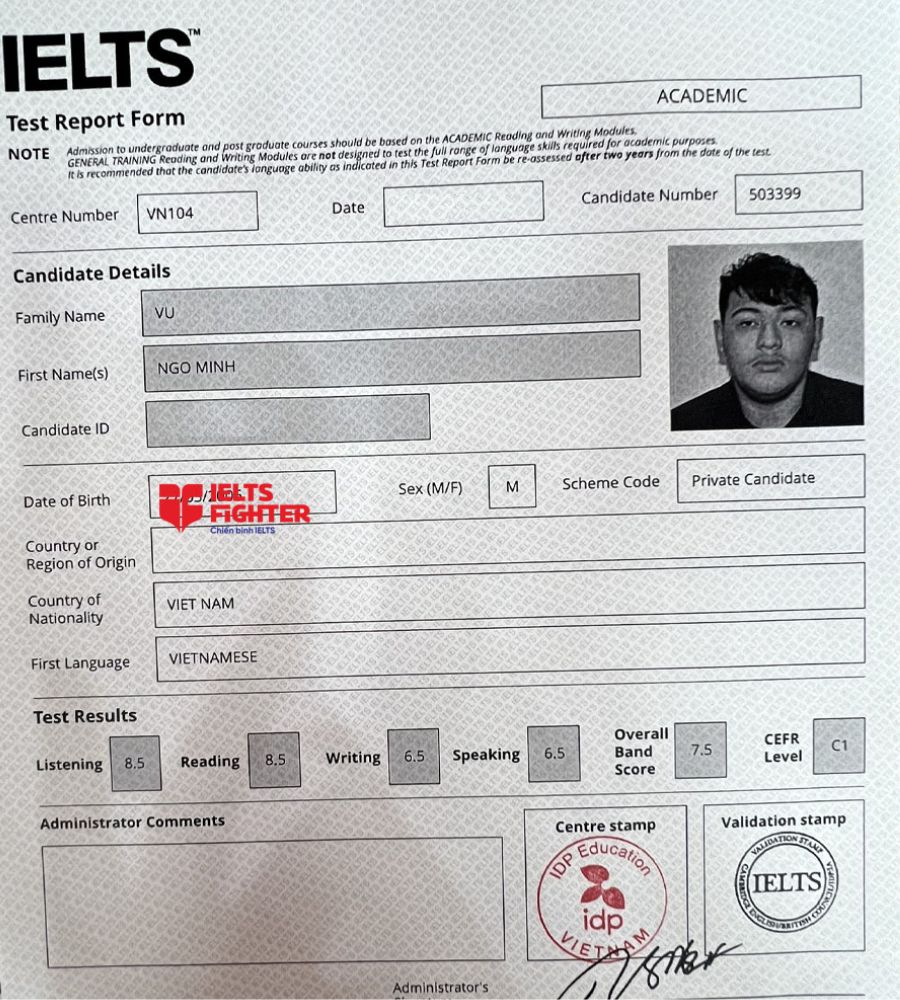 bảng điểm quang minh 7.5 IELTS