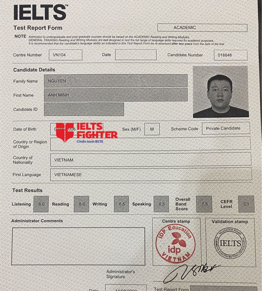 bảng điểm Anh minh 7.5 IELTS